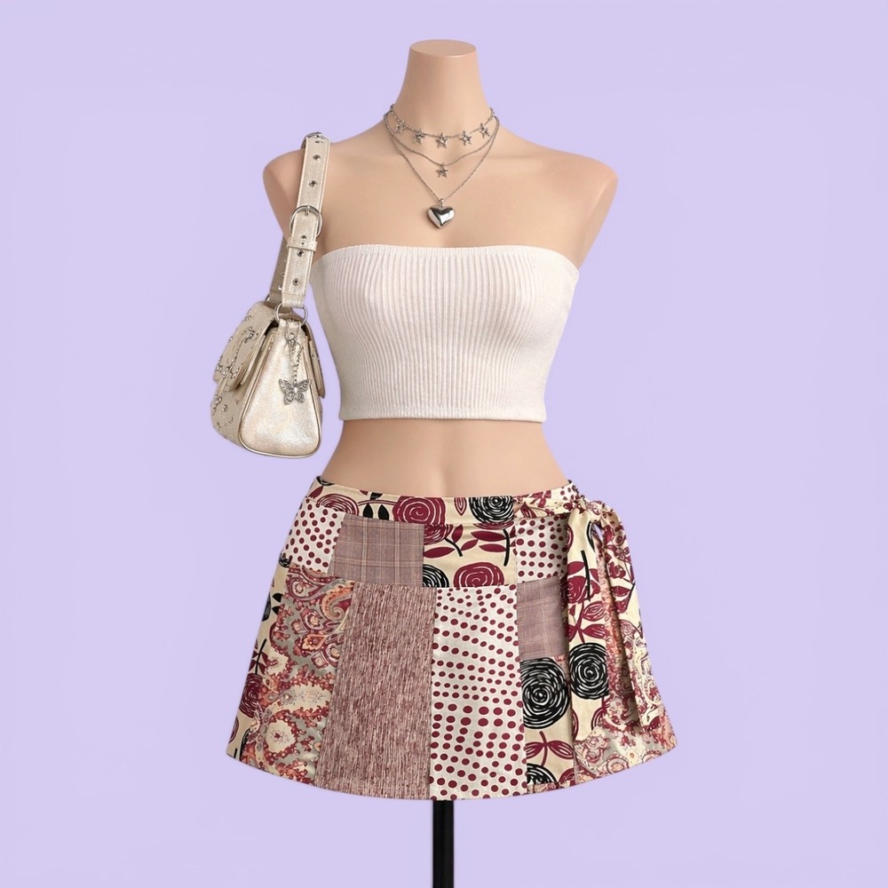 Poleci Vintage Y2K Patchwork Silk Cotton Blend Mini Skirt Side Tie Floral Red 4
